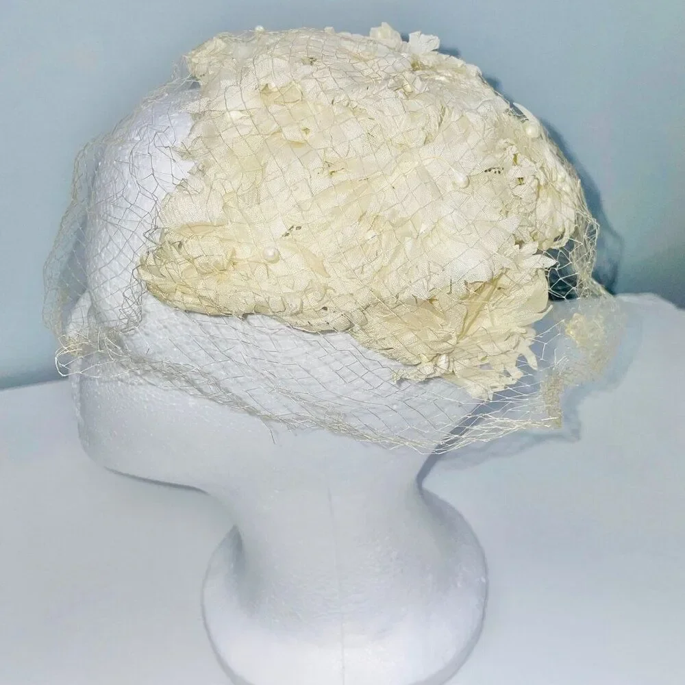 Vintage 50s 60s Crown Ivory Hat Net Floral Pearls Bridal Dance Costume Theatre